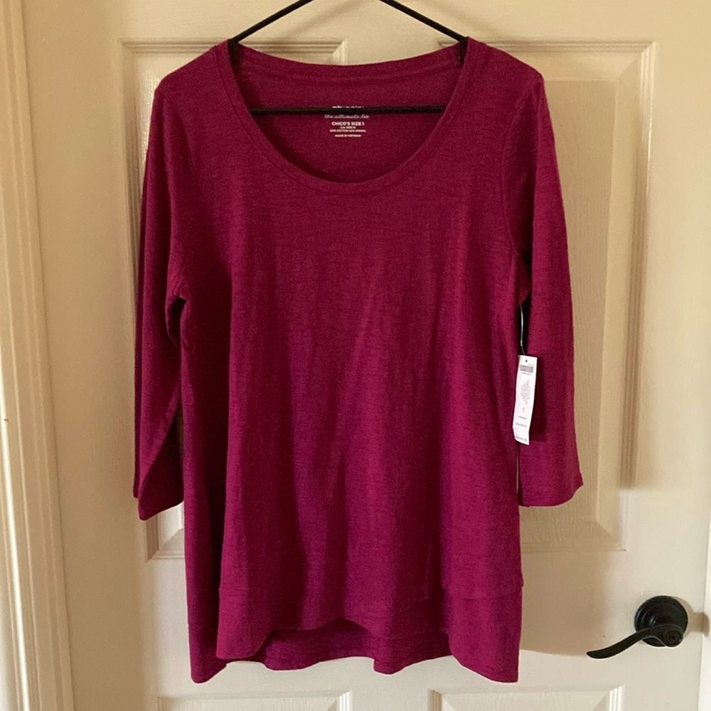NEW Chico’s Cotton Slub Crossover 3QTR Sleeve Tee Top Orchid Flower Size 1 NWT